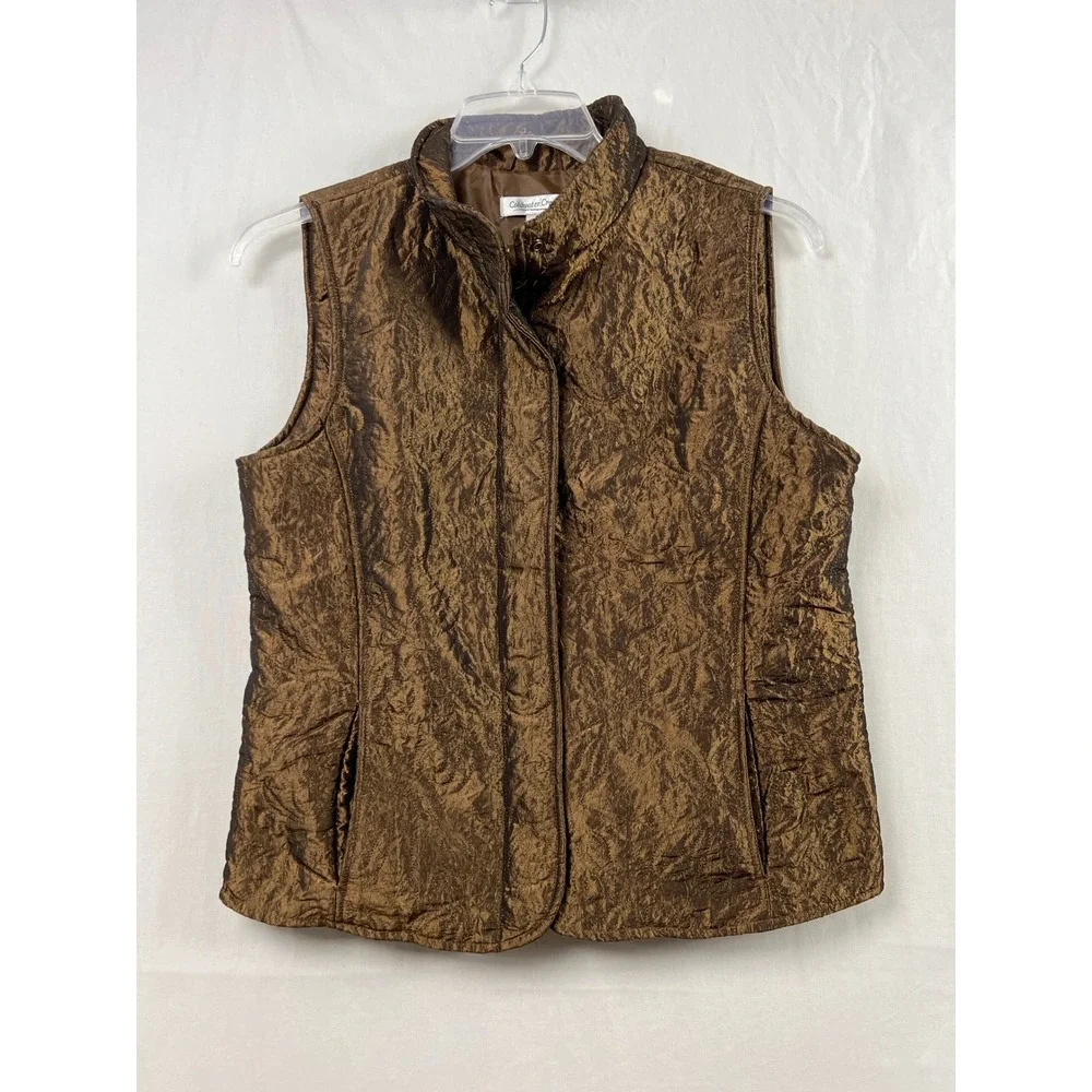 Coldwater Creek Vest Womens M Bronze Quilted Metallic Mock Neck Snap Earthly